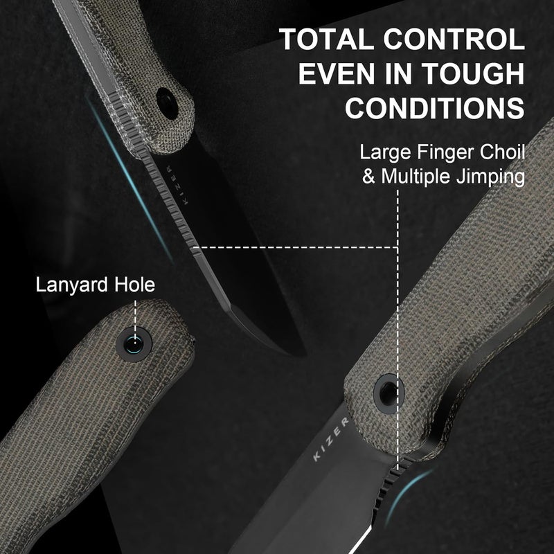 KIZER Drop Bear Fixed Blade Knife, 2.56" S45VN Matte DLC Ultra Blade EDC Camping Knife with Norplex UltreX™ Green Micarta Handle & Built-in Tools, Hunting Survival Knives with Kydex Sheath, 1093A3 - Image 4